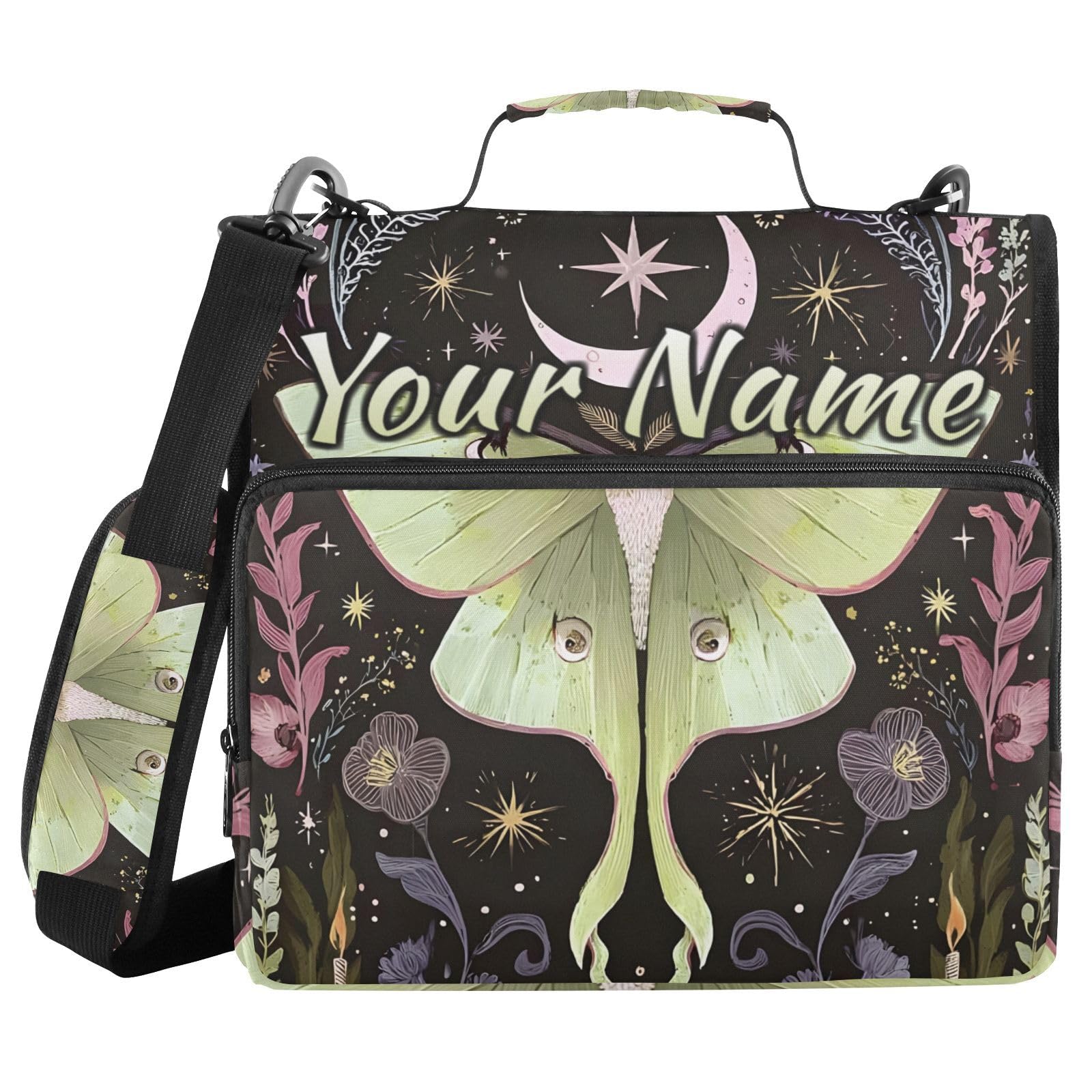 Custom 3 Ring Zipper Binder Green Luna Moth Flowers Moon Stars Personalized Name 1.5 Inch Binders Large Capacity Multi Pockets for School Office Supplies