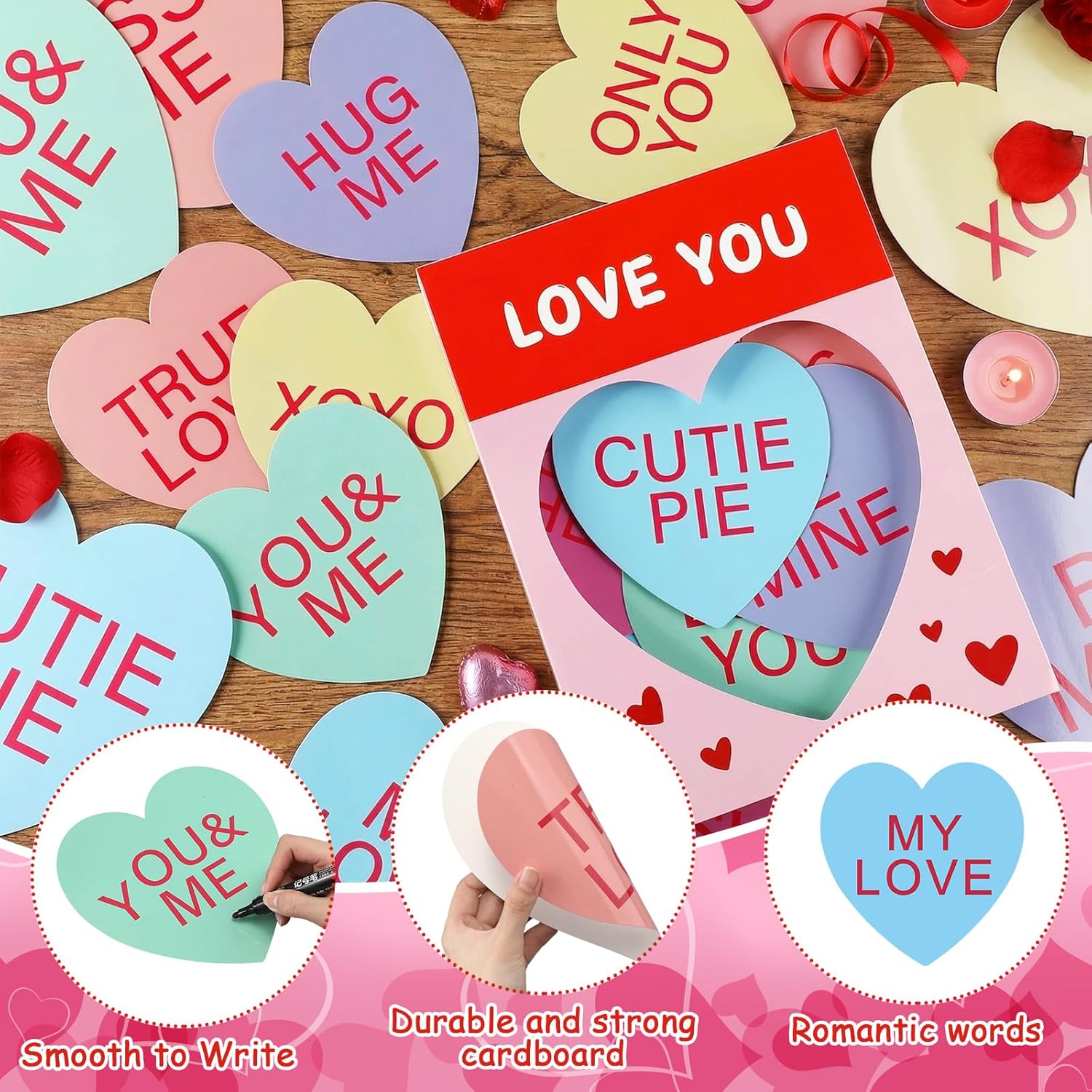 Gueevin 21 Pcs Valentines Bulletin Board Decorations Conversation Heart Party Decor Romantic Sweet Candy Heart Cutouts and Love You Candy Box Valentines Party Supply Classroom Wall Door