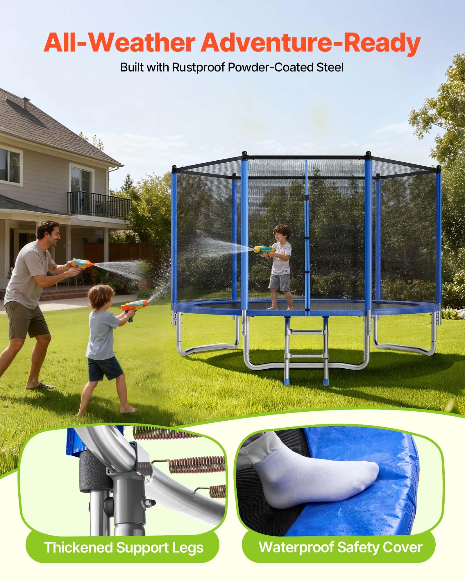 VEVOR Trampolino da Esterno 305 x 305 cm con Rete di Sicurezza e Telaio in Acciaio, Omologato ASTM, per Carichi Pesanti, Capacità Massima di 150 kg, Trampolino da Giardino per Bambini