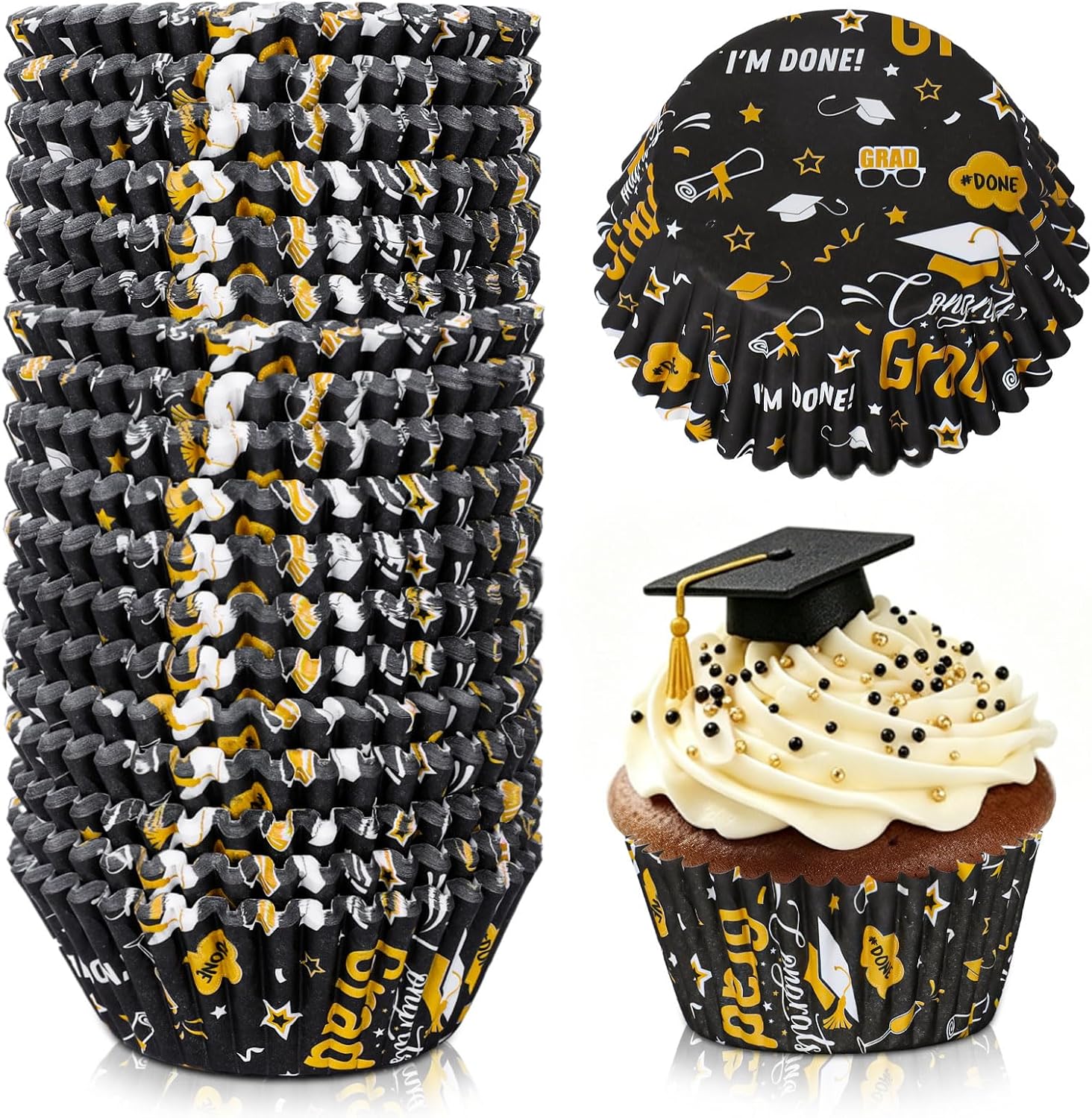 JarThenaAMCS 300Pcs Graduation Cupcake Liners Congrats Grad Paper Baking Cups Black Gold Wrappers Muffin Liners Holders for 2026 College High School Birthday Party Supplies Table Candy Cake Decor