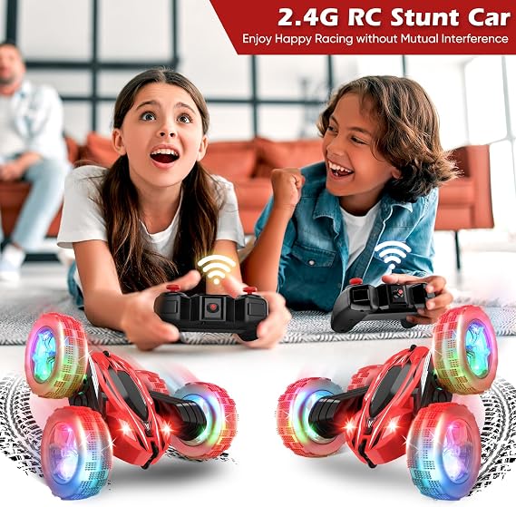 Qumcou Remote Control Car for Kids, RC Cars Toys for Ages 5-7, 2.4Ghz Fast Double-Sided 360Rotating Toy Cars with Headlights and Wheel Lights, Christmas Birthday Gifts for Boys Girls Age 6-12,Red