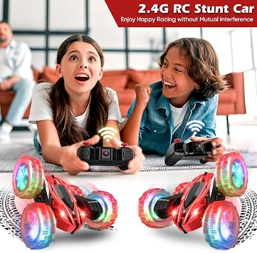 Qumcou Remote Control Car for Kids, RC Cars Toys for Ages 5-7, 2.4Ghz Fast Double-Sided 360Rotating Toy Cars with Headlights and Wheel Lights, Christmas Birthday Gifts for Boys Girls Age 6-12,Red
