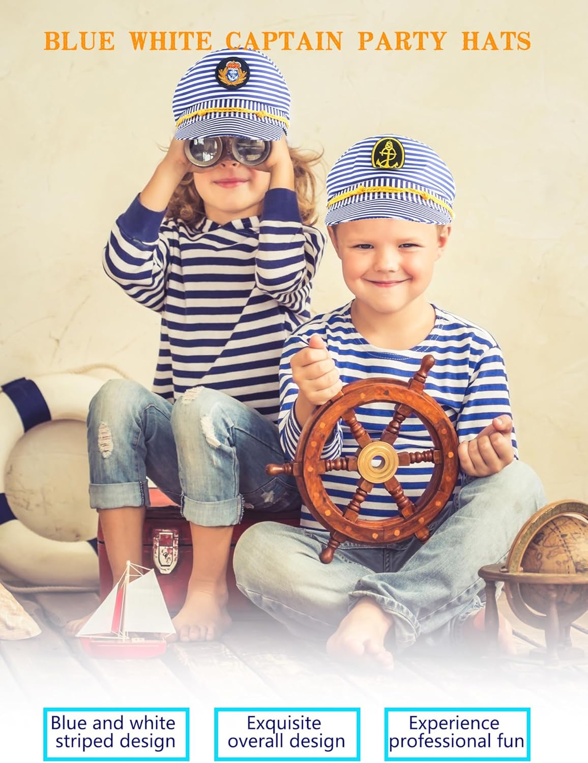 4 Pack Kids Striped Captain Hat Boat Captain Hat Yacht Sailor Cap Blue White Captain Party Hats for Child Halloween Masquerade Party Costume Accessory, 2 Styles - Image 5