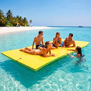 Outroad Floating Water Pad Mat, 3 Layers XPE Foam 9/12/18 Ft Lily Pad for Beach, Ocean, Lake, Roll-Up Floating Island for Water Recreation and Relaxing（Blue/Yellow）