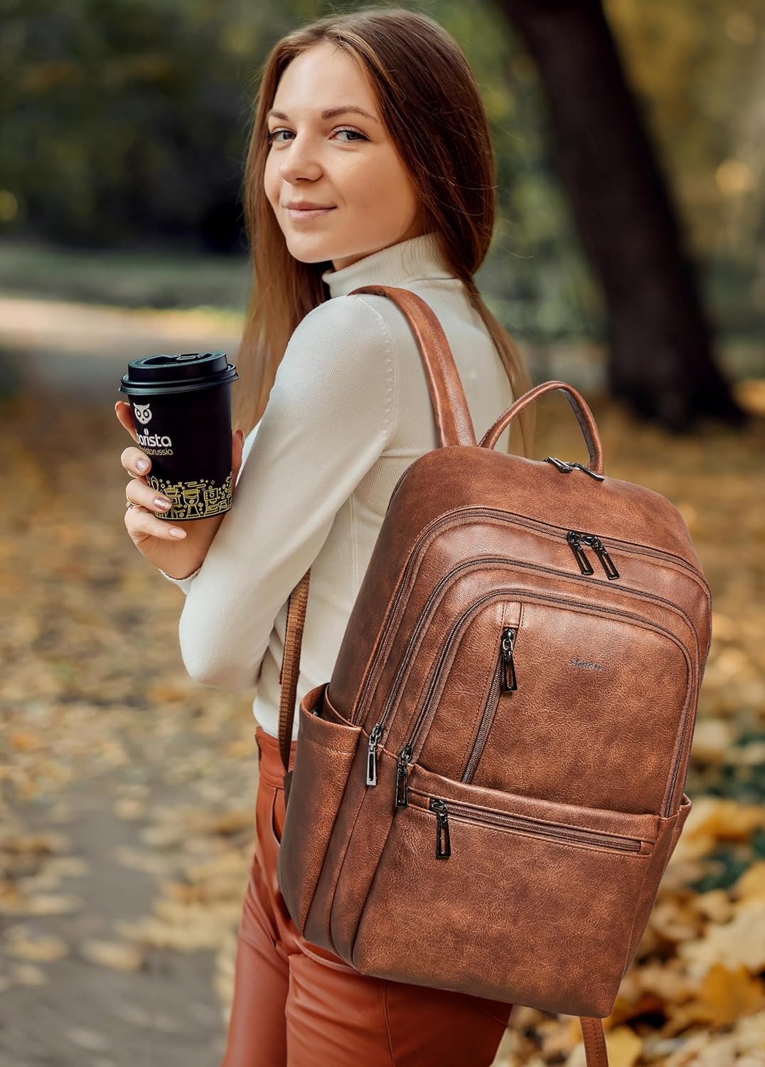 Shrrie 17 inch Leather Laptop Backpack for Women, Large Travel Backpack with 6 Compartments, Vegan Leather Computer backpack purse for WORK Casual Daypack College - Image 2