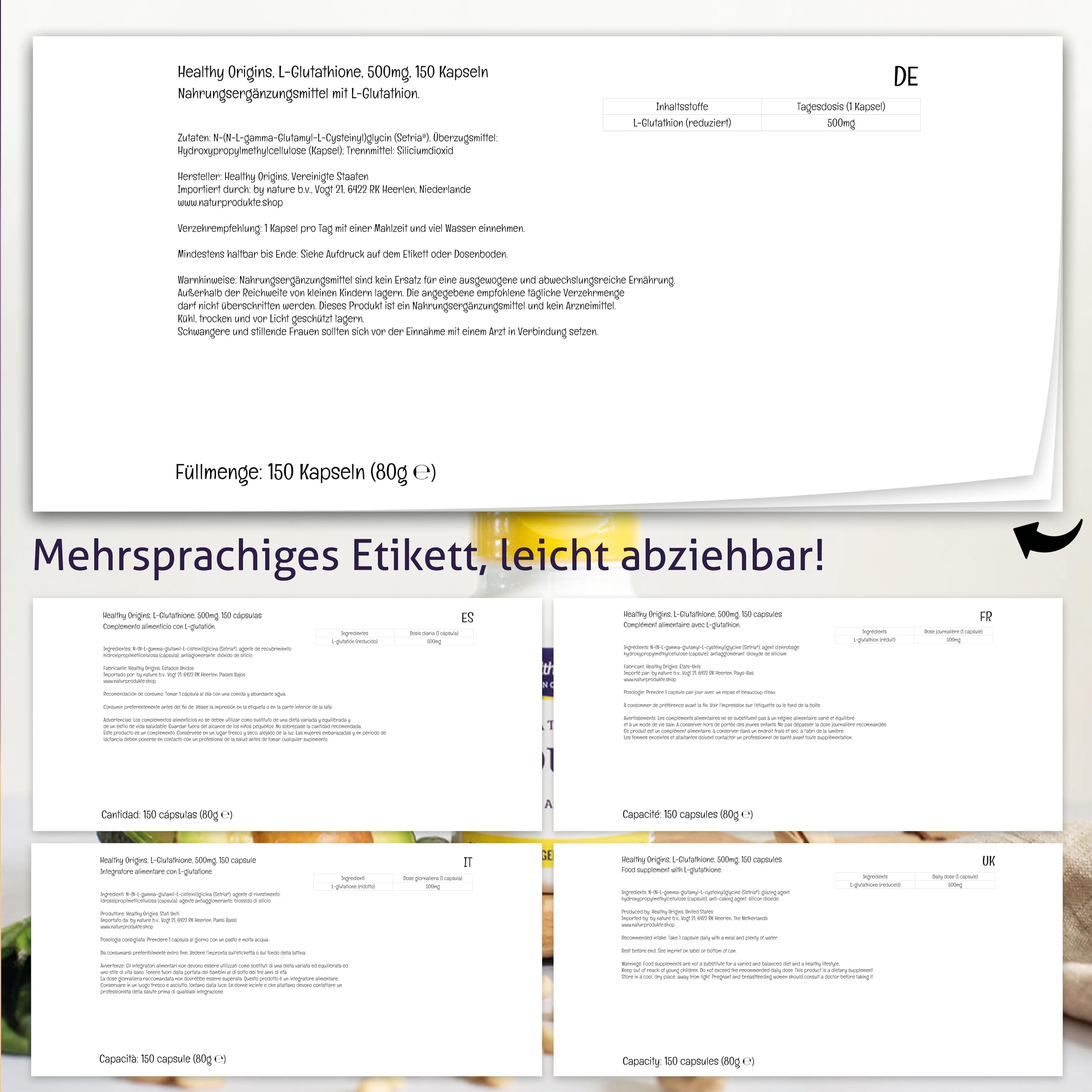 Healthy Origins, L-Glutathione Reduced, 150 vegane Kapseln, 500mg reduziertes L-Glutathion je Dosis, Glutenfrei, Sojafrei, GMO frei, Geschmacksneutral