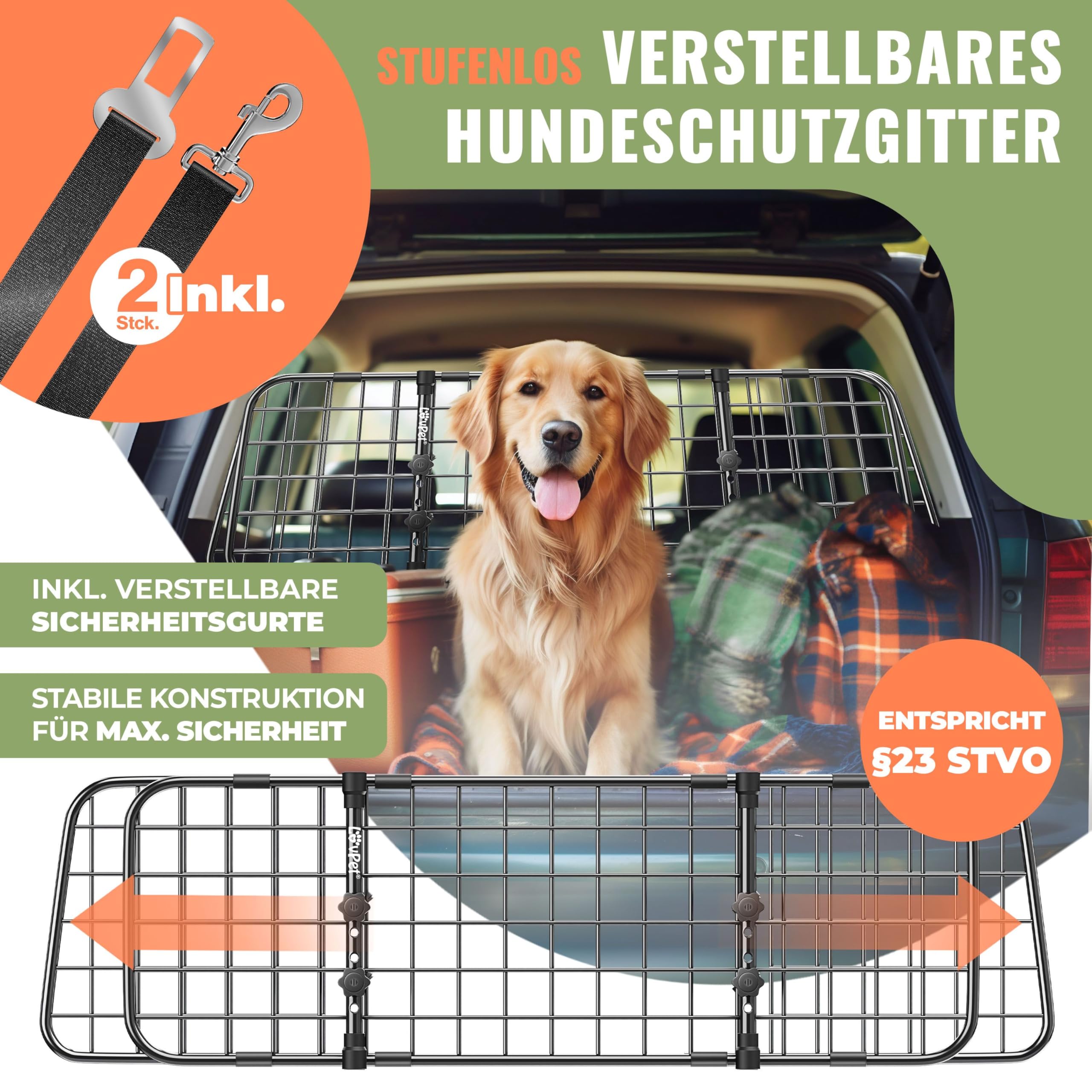 LOVPET® Dog Guard Car, divisorio per auto universale, regolabile in larghezza, poggiatesta, portabagagli, dimensioni HxW 30 x 91-153 cm portabagagli, + 2x cinghia di sicurezza per cani, Nero