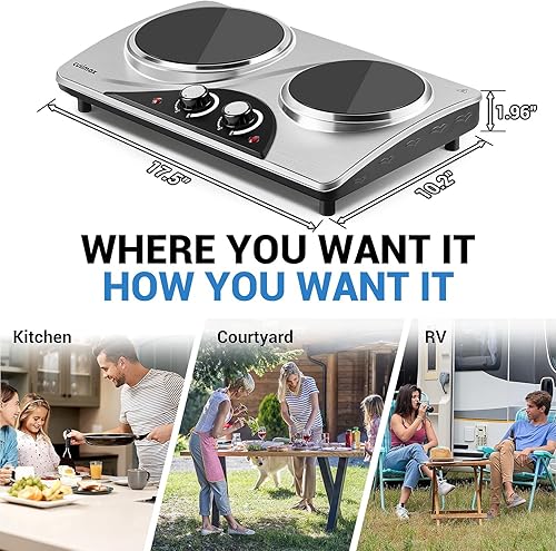 Miniatura 6 de CUSIMAX - Placa eléctrica, doble quemador eléctrico, placa de cocina infrarroja de cerámica portátil, estufa de cocción de doble control,