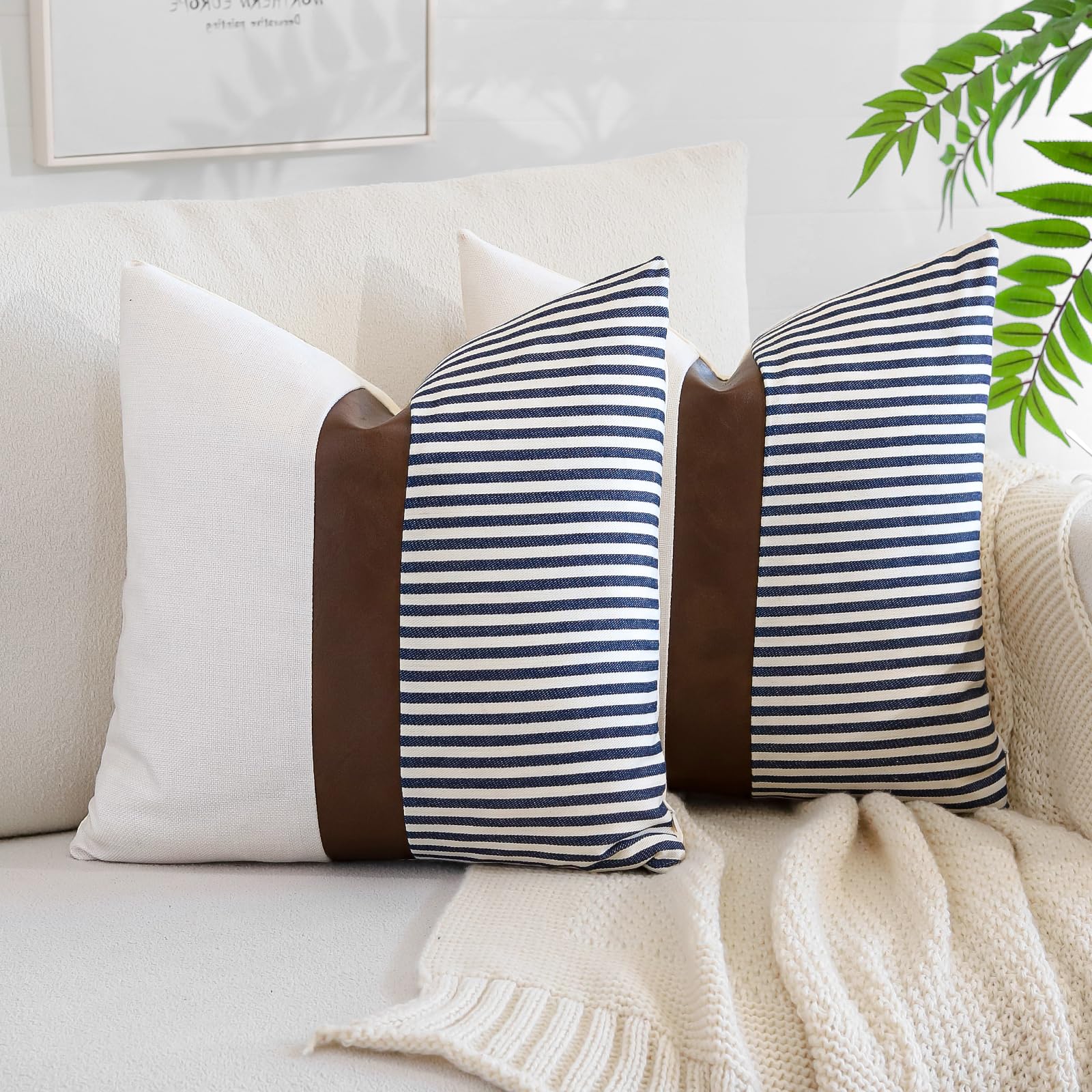 Kiuree Set Di 2 Federe Per Cuscini 30x50 Cm - Cotone A Righe Con Frange, Stile Country, Blu, Decorazione Per Divano - 2
