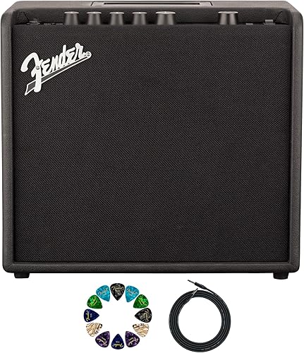 Fender Mustang LT25 - Amplificador combinado de guitarra con cable y paquete exclusivo de púas de 12 piezas de Austin Bazaar