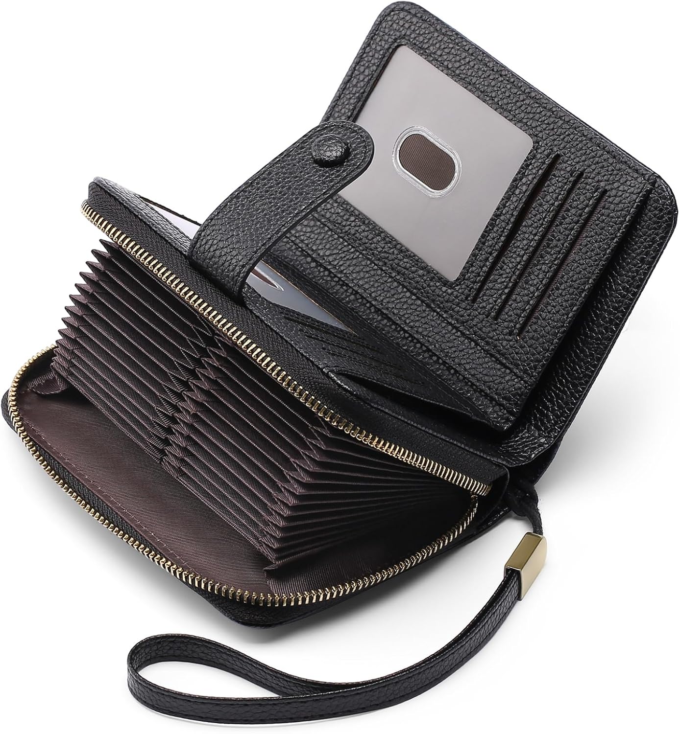 GAEKEAO Leather Credit Card Holder Wallet for Women RFID Blocking Large Capacity Bifold Zipper Card Case Organizer with Wristlet 32 Slots