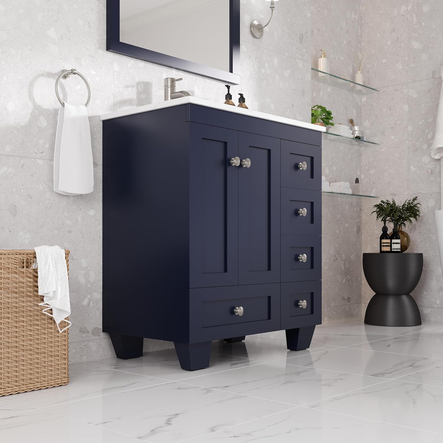 Eviva Happy 30 in. Blue Single Sink Bath Vanity with Carrara Quartz Top and Undermount Porcelain Sink
