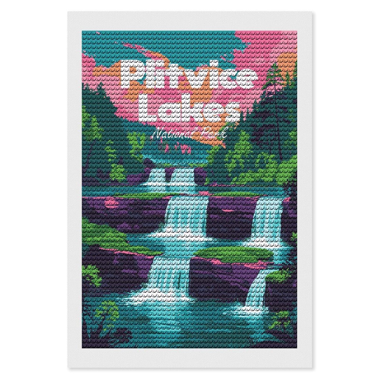 Junmoney Plitvice Lakes National Park Illustration Diamond Painting Set 8"x12", Holiday Gift Idea, for Creative Relaxation, Fun Craft Experience, Vintage Style Decor