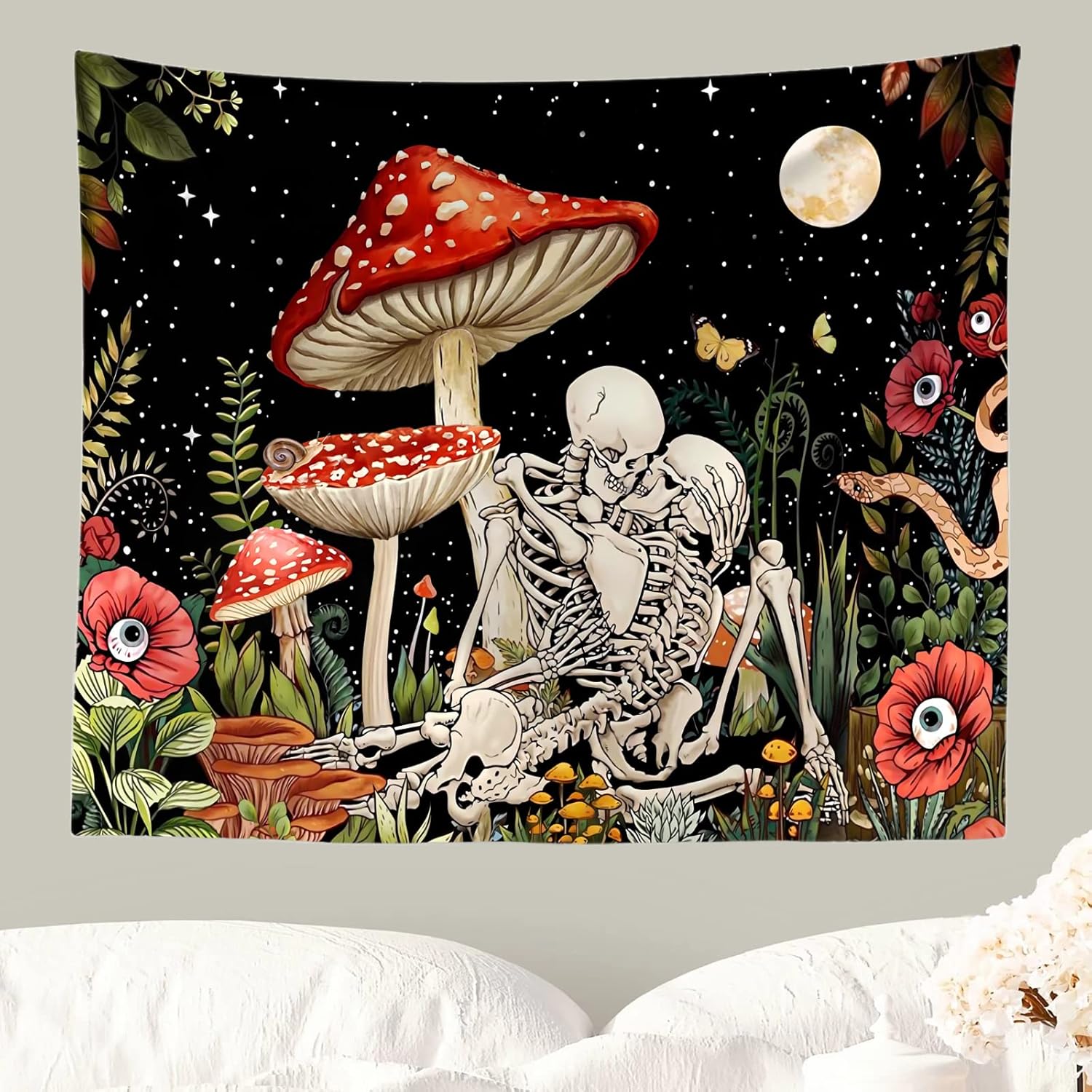 Fungarth Tapiz De Calavera De Luz Negra Para Dormitorio, Tapices Estéticos De Esqueleto Colorido Floral Hippie Para Colgar En La Pared Para Sala