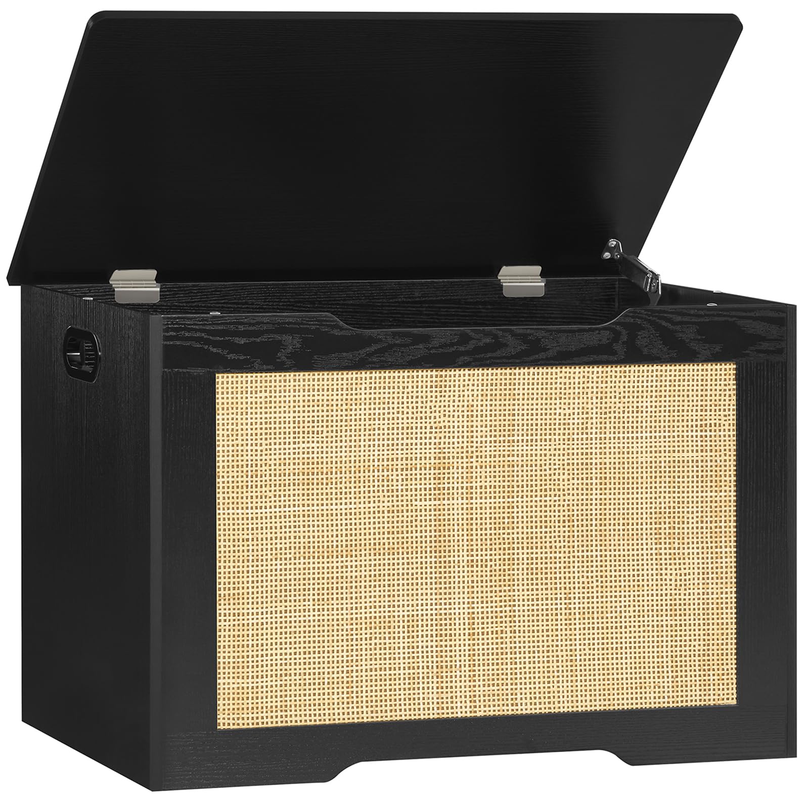 usikey 29.5” Storage Chest with Rattan, Wooden Storage Box with Safety Hinge and Gel Bumpers, Lift Top Storage Trunk Storage Bench, Supports 220 lb, for Living Room, Bedroom, Entryway, Black