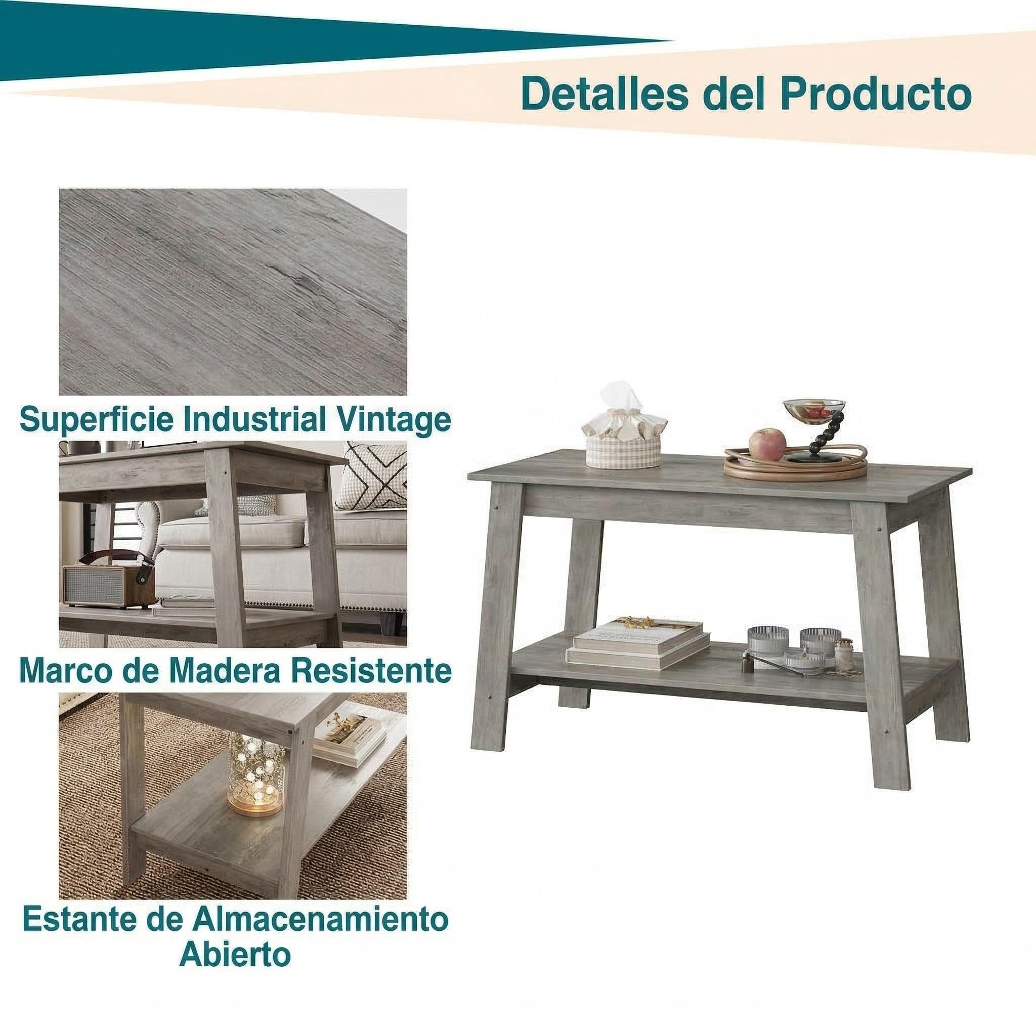 GarveeHome Mesa de Centro con Estante Abierto, Mesa de Centro Madera de 2 Niveles Estilo Farmhouse, Mesita de Salón Rectangular y Mesita de Sofá Compacta (80 x 39 x 48 cm), Gris