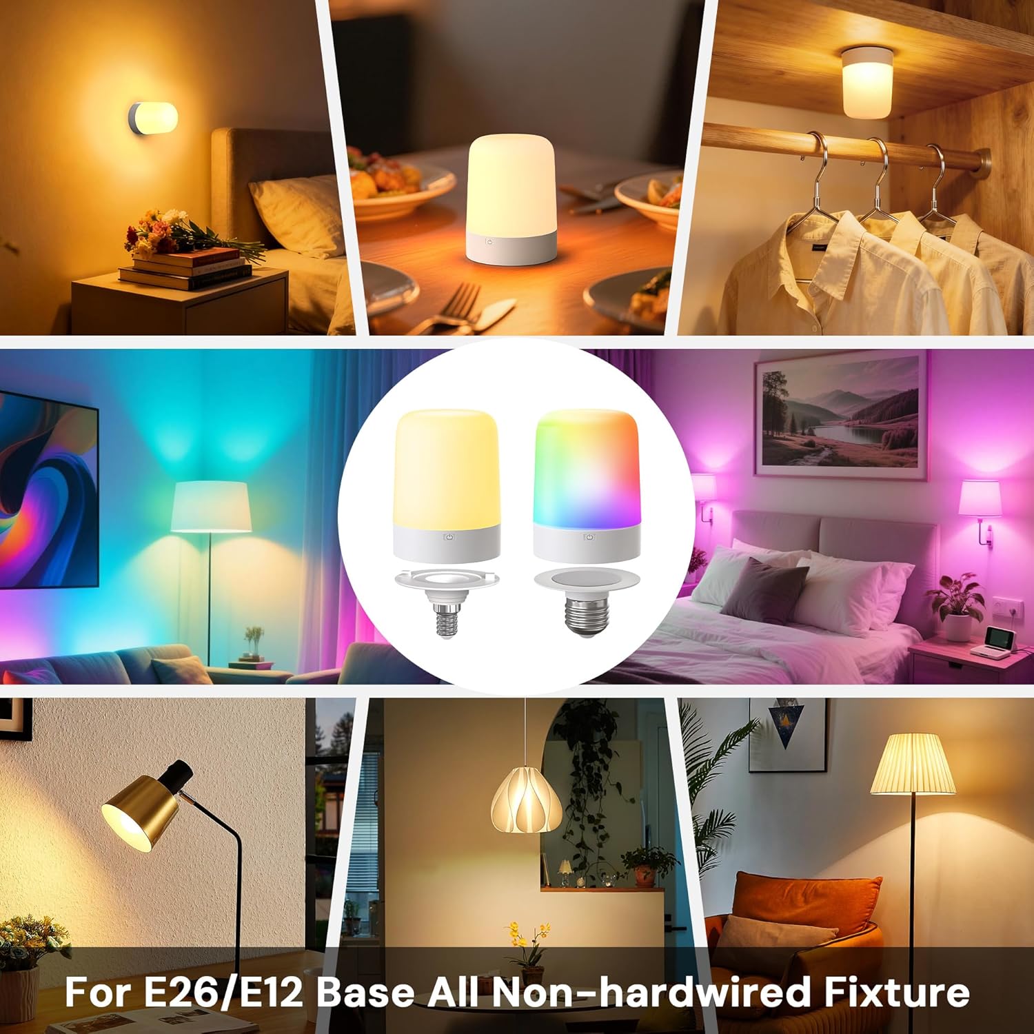 L LOHAS LED Rechargeable Light Bulb with Remote and Timer (E26 & E12 Base), Battery Light Bulb for Sconces and Lamps, Magnetic Bulbs for Home and Outdoor Use, 3 CCT + 12 RGB Colors, Dimmable, 2 Pack