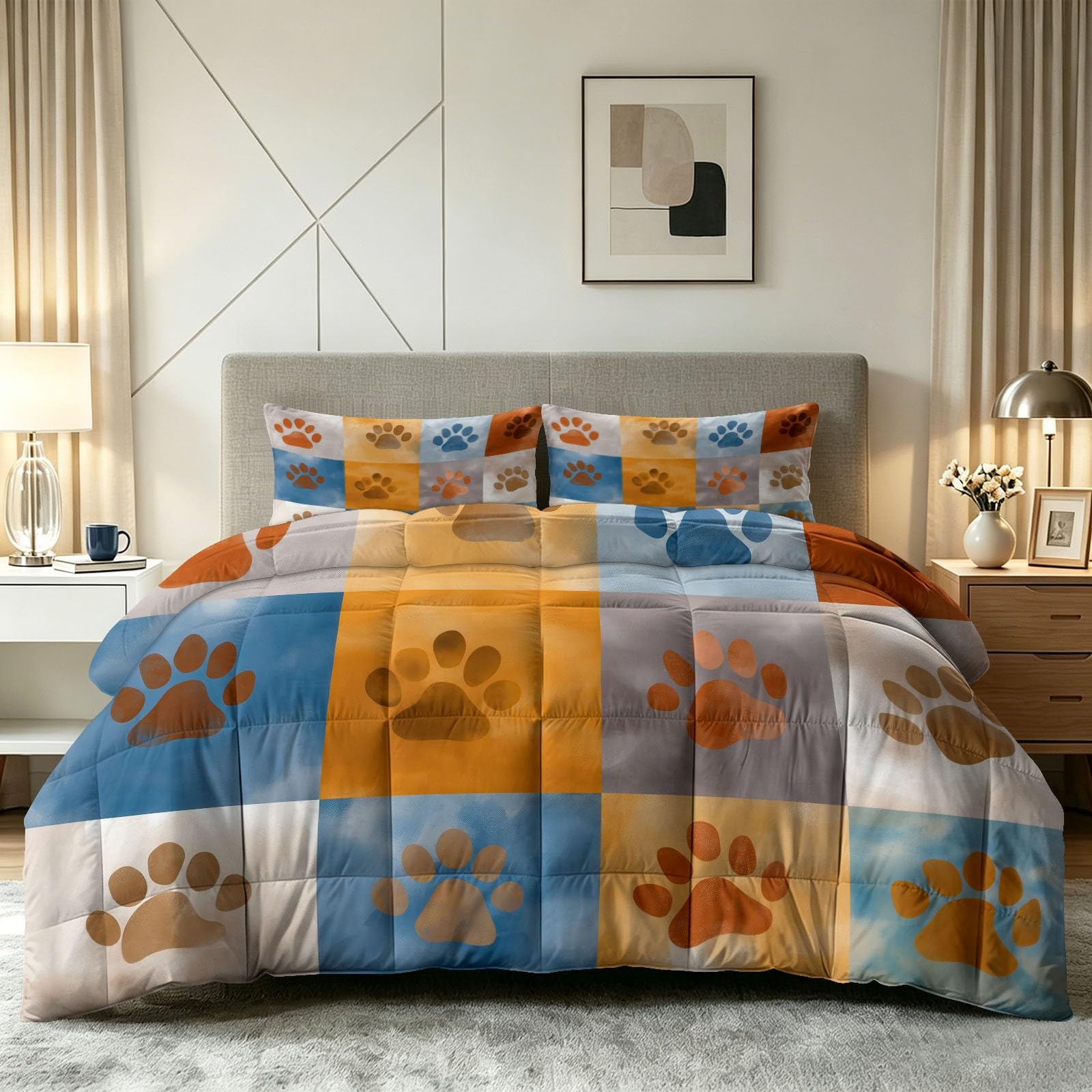 Sommerdecke ohne bezug 155x220 cm Braun Modern Cartoon Stil Antiallergisch Leichtsteppbett & Ganzjahresdecke - Waschbar mit 2 Kissenbezügen Tiere Pfotenabdrücke Weiche und Atmungsaktive Wende
