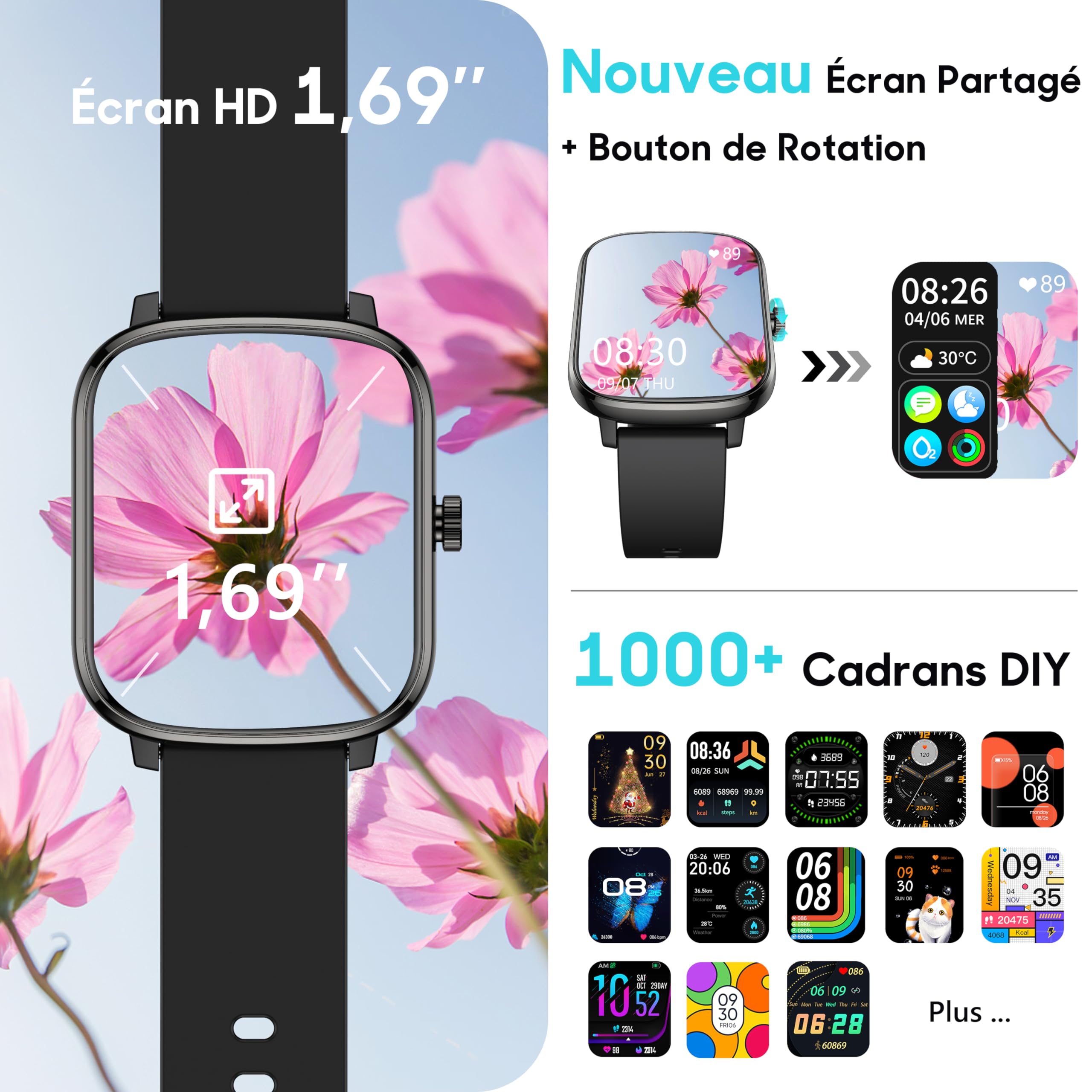 Popglory Montre Connectée Femme Homme, Smartwatch Cardiofrequencemètre Moniteur de Sommeil Pression Artérielle 100 Modes Sportifs Compatible Android iOS pour Homme Femme Montre Intelligente