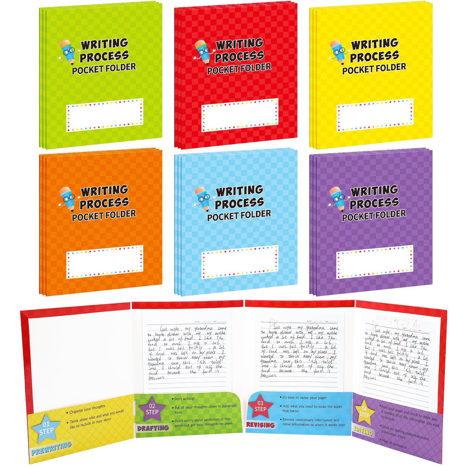 Ctosree Writing Bulk Folders with Pockets Writing Process 4 Pocket Folders Bulk for Students Teacher Classroom Kids(18 Pcs,Plaid)