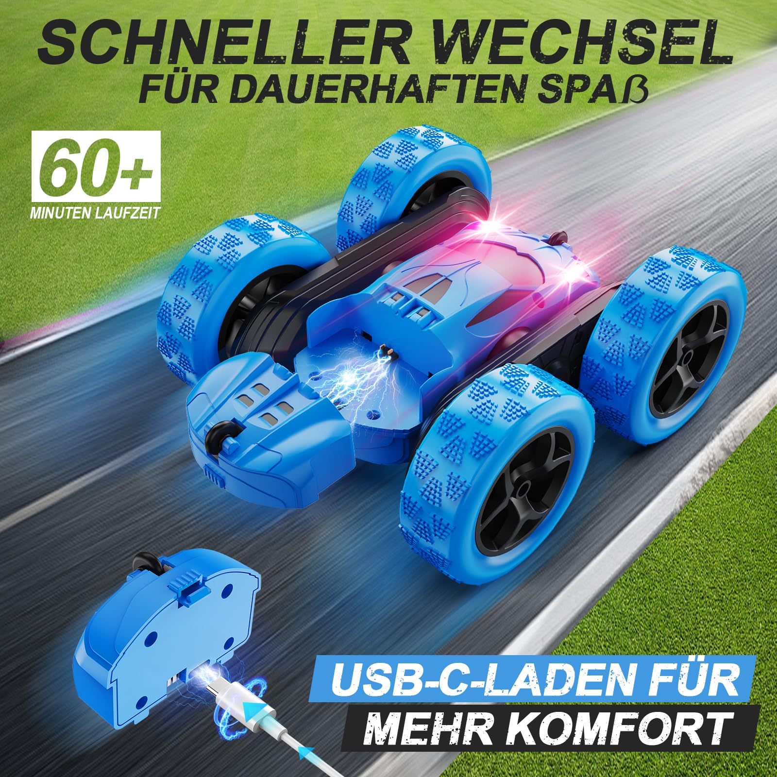 QUNREDA Ferngesteuertes Auto, RC Cars Spielzeug für Kinder im Alter von 6-12 Jahren, 4WD Stunt-Auto mit LED-Lichtern & 360°-Flips, 2,4 GHz, verbesserte USB-C-Modular-Batterien, 8-10 Jahre alte Jungen