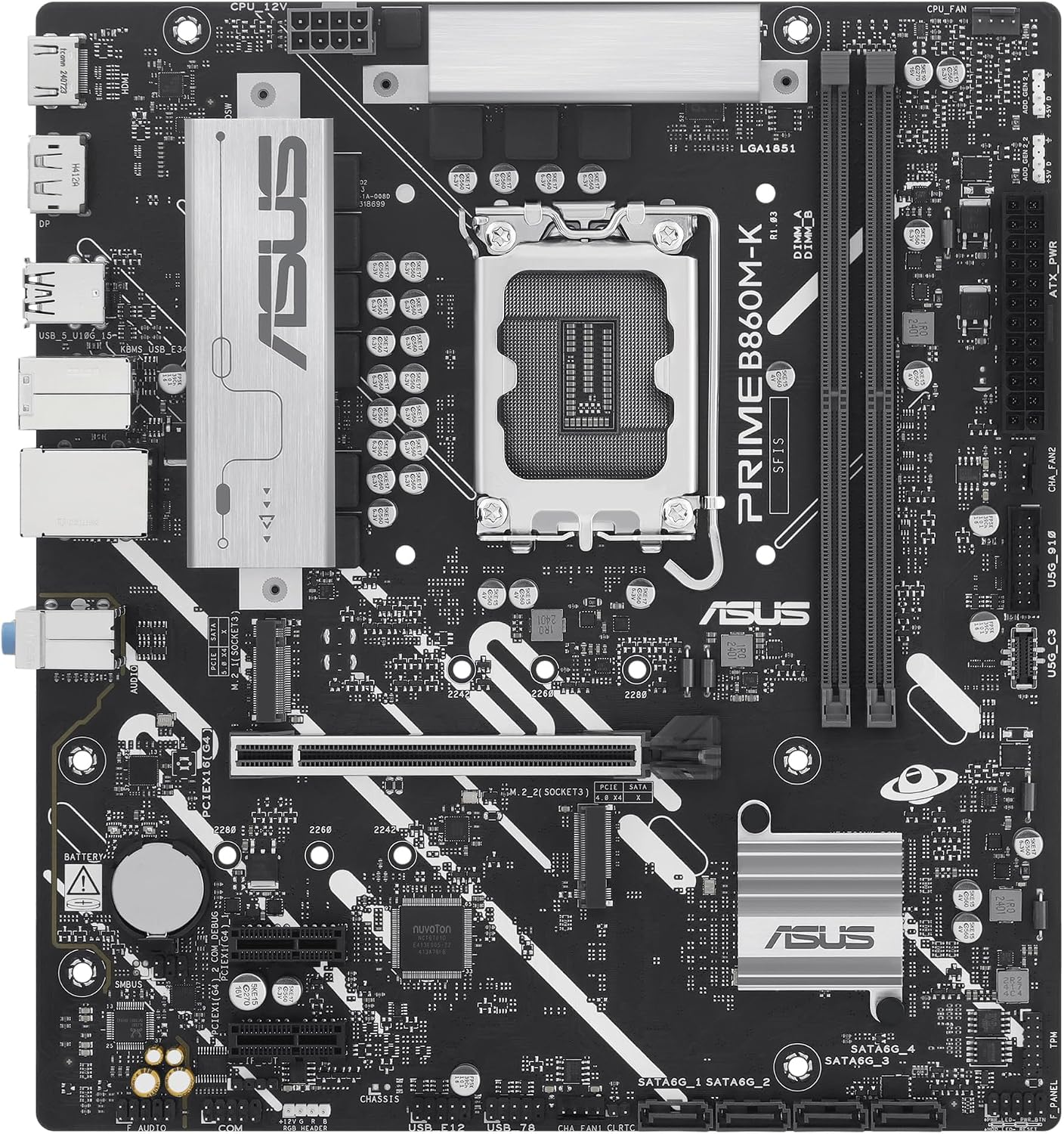 ASUS Prime B860M-K, Placa Base Intel mATX, 6+1+1+1 etapas de alimentación DrMOS, DDR5, PCIe 4.0, 2 Ranuras M.2, Realtek 2.5Gb Ethernet, DisplayPort, HDMI,USB 10Gbps, USB Tipo-C 5Gbps Frontal 4