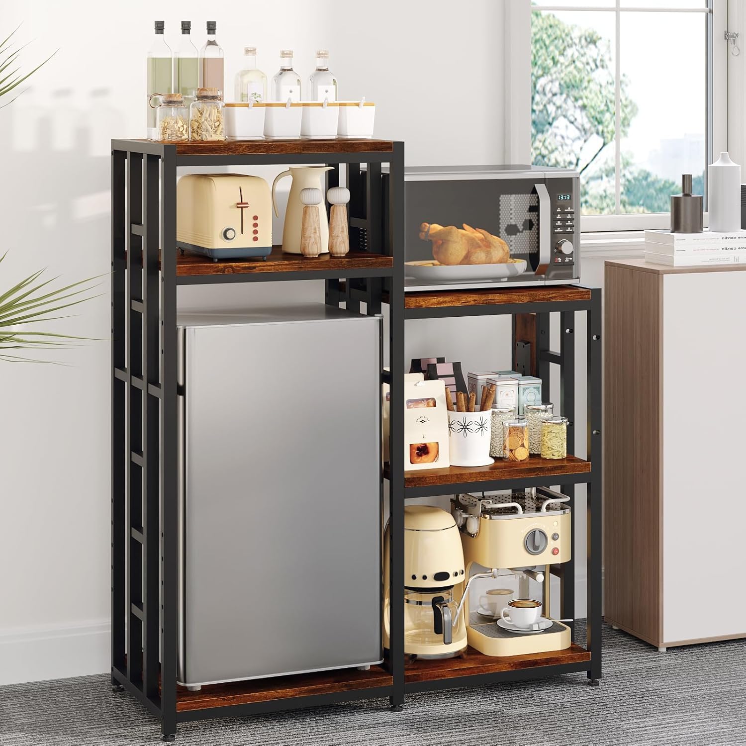 GarveeLife Mini Fridge Stand with Storage, 6-Tier Mini Fridges Cabinet with Power Outlet, Coffee Bar Cabinet with Mini Fridge Space, Wine Rack Microwave Stand for Dorm, Kitchen, Office, Rustic Brown