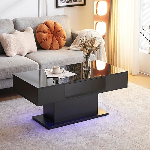 Miniatura 7 de Karl home Mesa de centro con luz LED, mesas de centro modernas de alto brillo con 1 cajón para sala de estar, mesa central de 43.3 pulgadas, mesa de