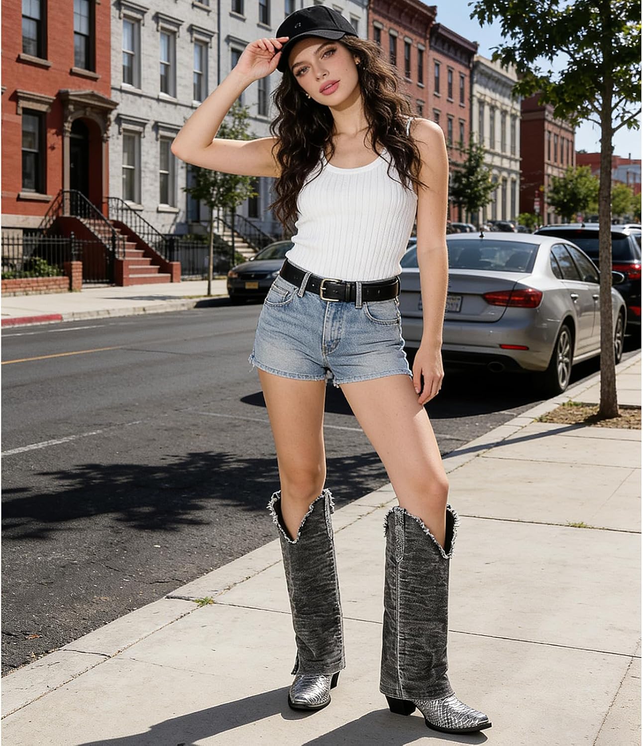 Betastella Womens Denim Knee High Cowboy Boots Snakeskin Cowgirl Boots Fold Over Chunky Heel Pointed Toe Western Boot