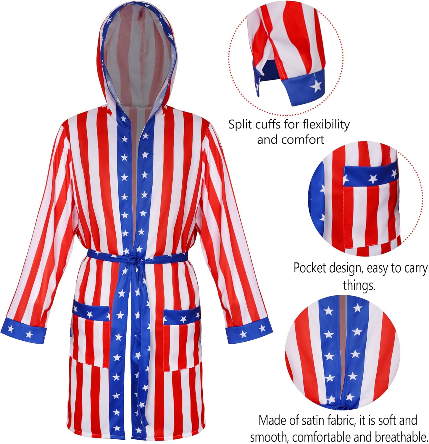4PCS American Flag Boxing Costume for Men Women, Rocky Balboa Robe, Boxer Outfit with Gloves, Socks and Necklace