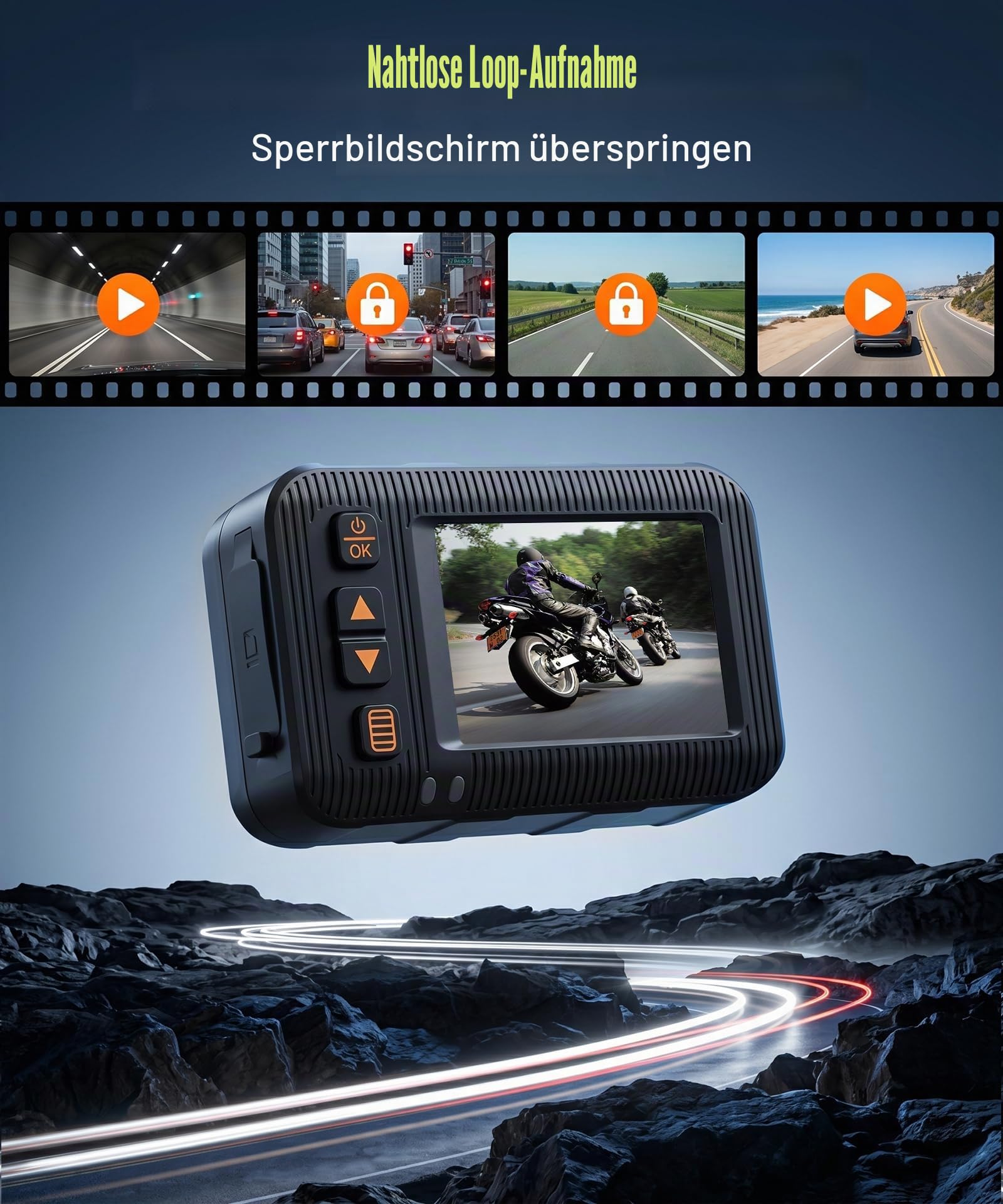 Rimoody 1080P Motorrad Dashcam mit Dual Kameras, 2" Bildschirm, Kamera Doppellinse Vordere und Hintere, Motorradkamera mit IP67 Wasserdicht, Nachtsicht, G-Sensor, Loop-Aufzeichnung, Parküberwachung