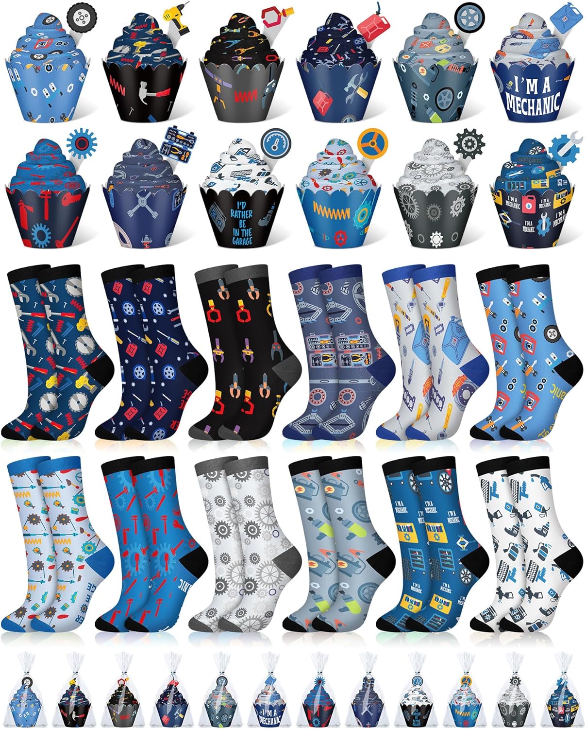 12 Pairs Mens Mechanic Socks Gifts Novelty Funny Mechanic Cupcake Socks Mechanical Gifts for Dad Men Engineer Birthday Valentine's New Year