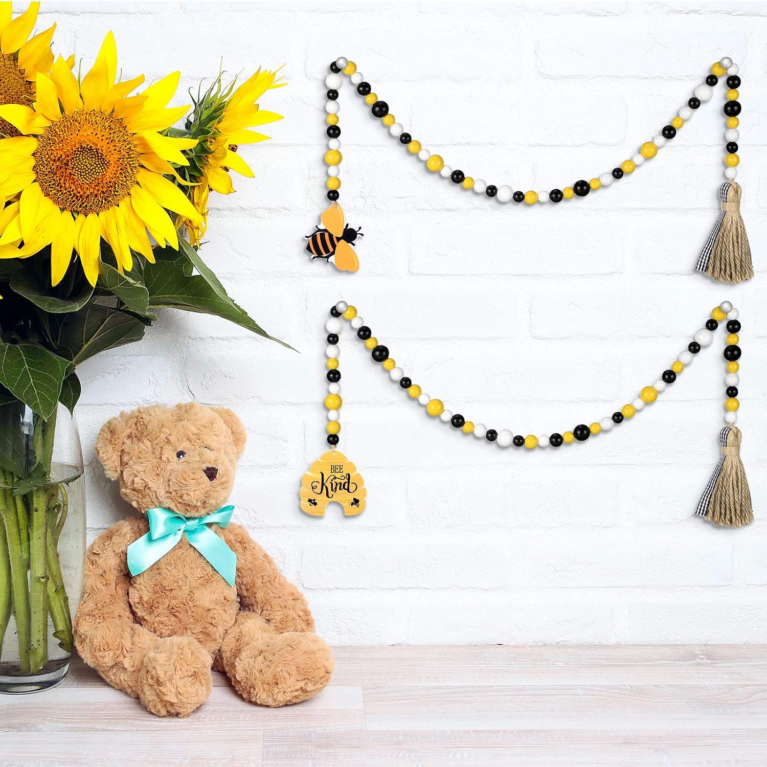 Jetec 2 Pcs Honey Bee Baby Shower Decoration Bee Garland with Tassels Rustic Farmhouse Wooden Honeycomb Bead Decor Summer Honeycomb Hanging Banner for Baby Shower Party Home Office Tray Shelf Displays