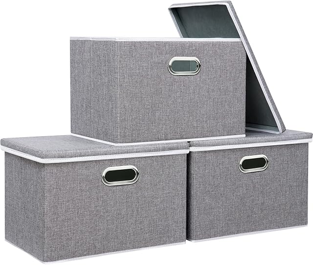 Yawinhe Storage Box with Lids 3 Pack, Collapsible Clothing Shelf Basket Toy Box, for Organizing Toys, Clothes, Office, 38x25x25cm, Grey, SNK023GL-3