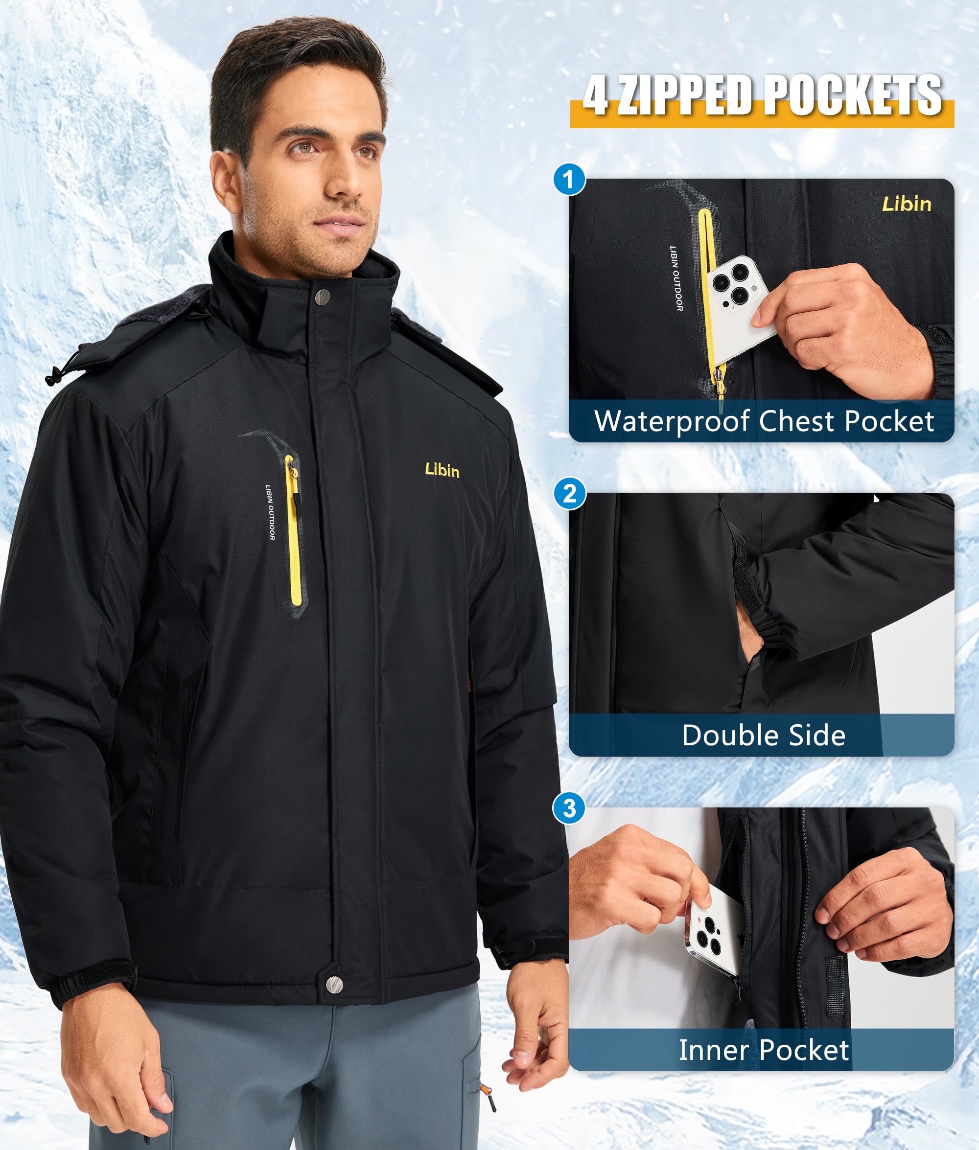 Libin Giacca da sci da uomo, calda, invernale, da snowboard, softshell per attività all'aria aperta, impermeabile, traspirante, da trekking, snowboard, da uomo, da montagna