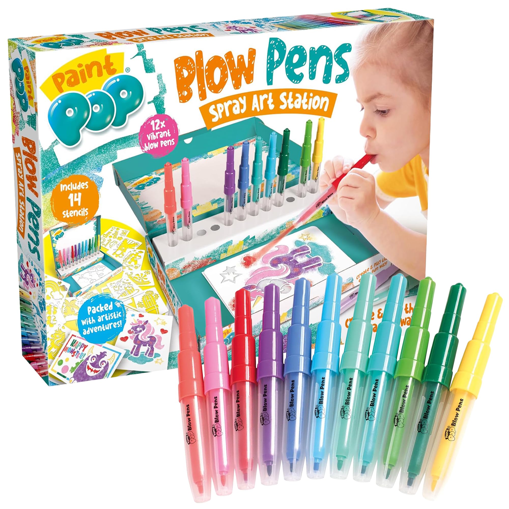 Paint Pop Blow Pens Spray Art Station - Kids Airbrush Stencil Set