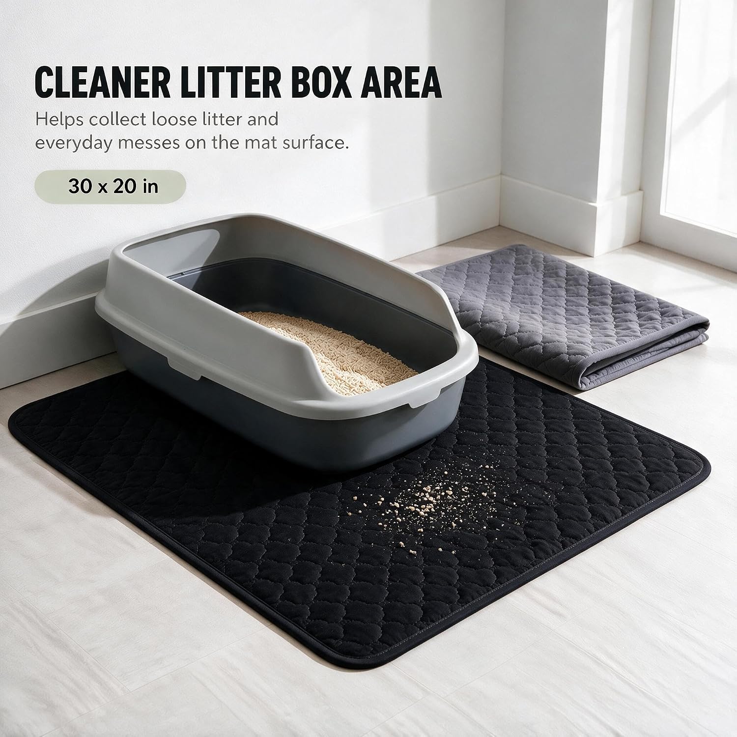 2-Pack Washable Cat Litter Mats, 30 x 20 in, Black/Grey | Absorbent quilted layers with PU barrier, paw-print silicone grip, 2 pockets and 6 empty cotton pouches; catnip not included.