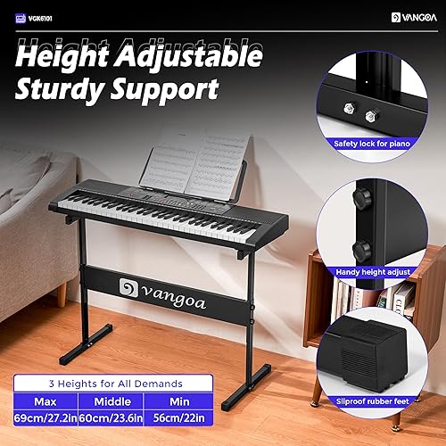 Miniatura 8 de Vangoa Piano de teclado de 61 teclas, kit de teclado de piano eléctrico iluminado con 600 voces, 400 ritmos con soporte para piano, micrófono, Negro