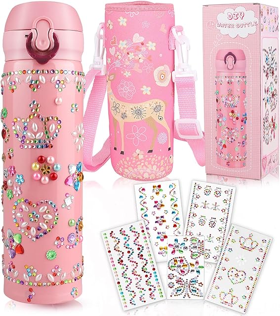 Yojoloin Kids Water Bottles for Girls, Gifts for Girls Age 5 6 7 8 9 10 11 Years Old Birthday Presents for Kids, DIY Crafts Set for Girls Decorate Your Own Water Bottle with Glitter Gem Stickers