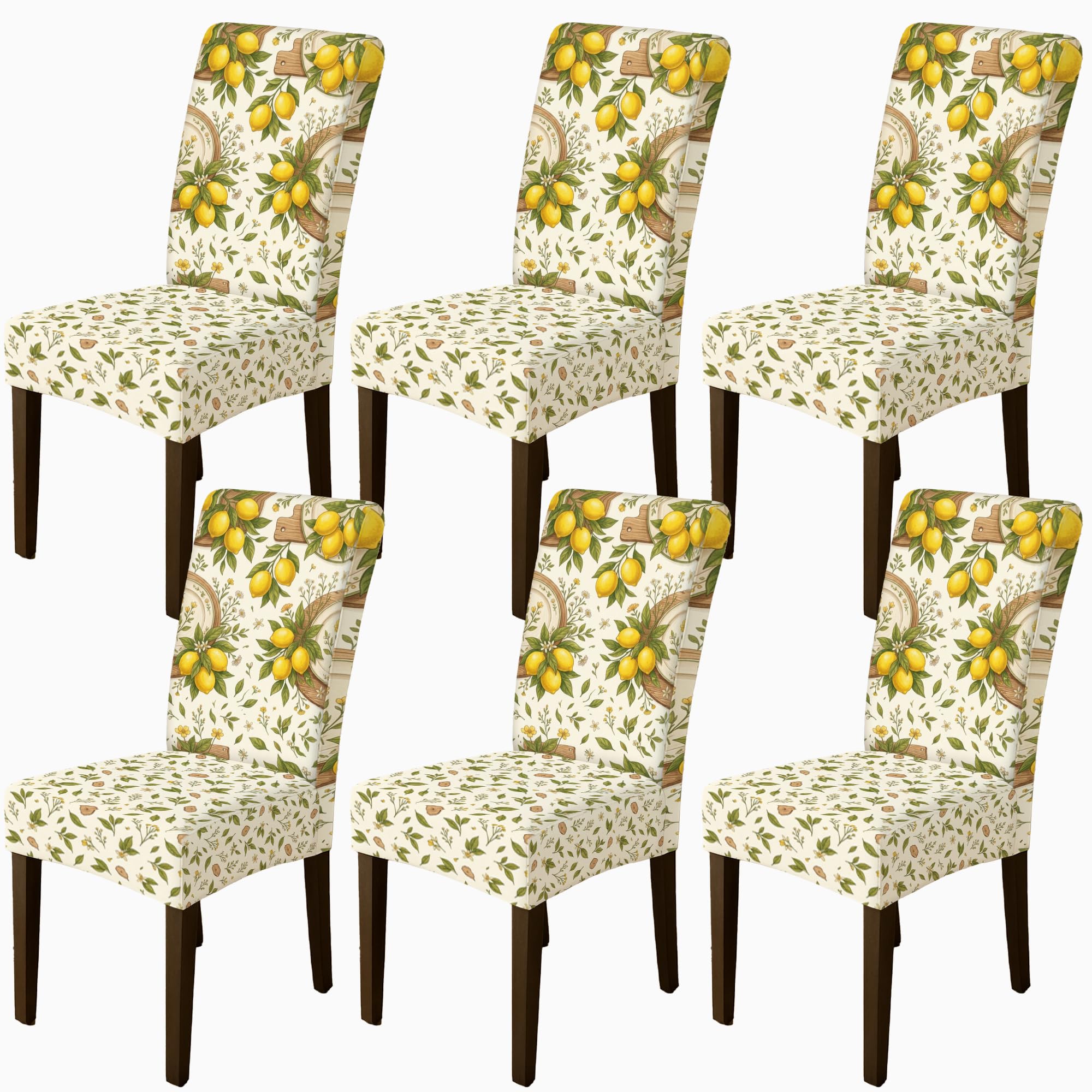 Housse de chaise salle à manger lot de 6 en élasthanne extensible à motif de feuilles et fleurs jaunes