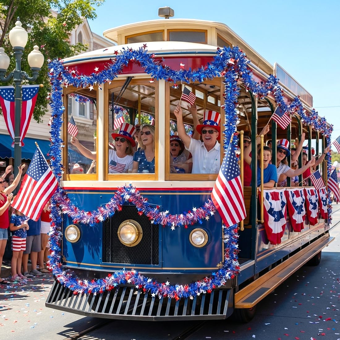 4th of July Garland Decor 2 String-Red White Blue Star Tinsel Garland Total 32.8Ft Glitter Patriotic Decorations for Tree Car Parade Float Bike Party Door Boat Indoor Outdoor Holiday Home