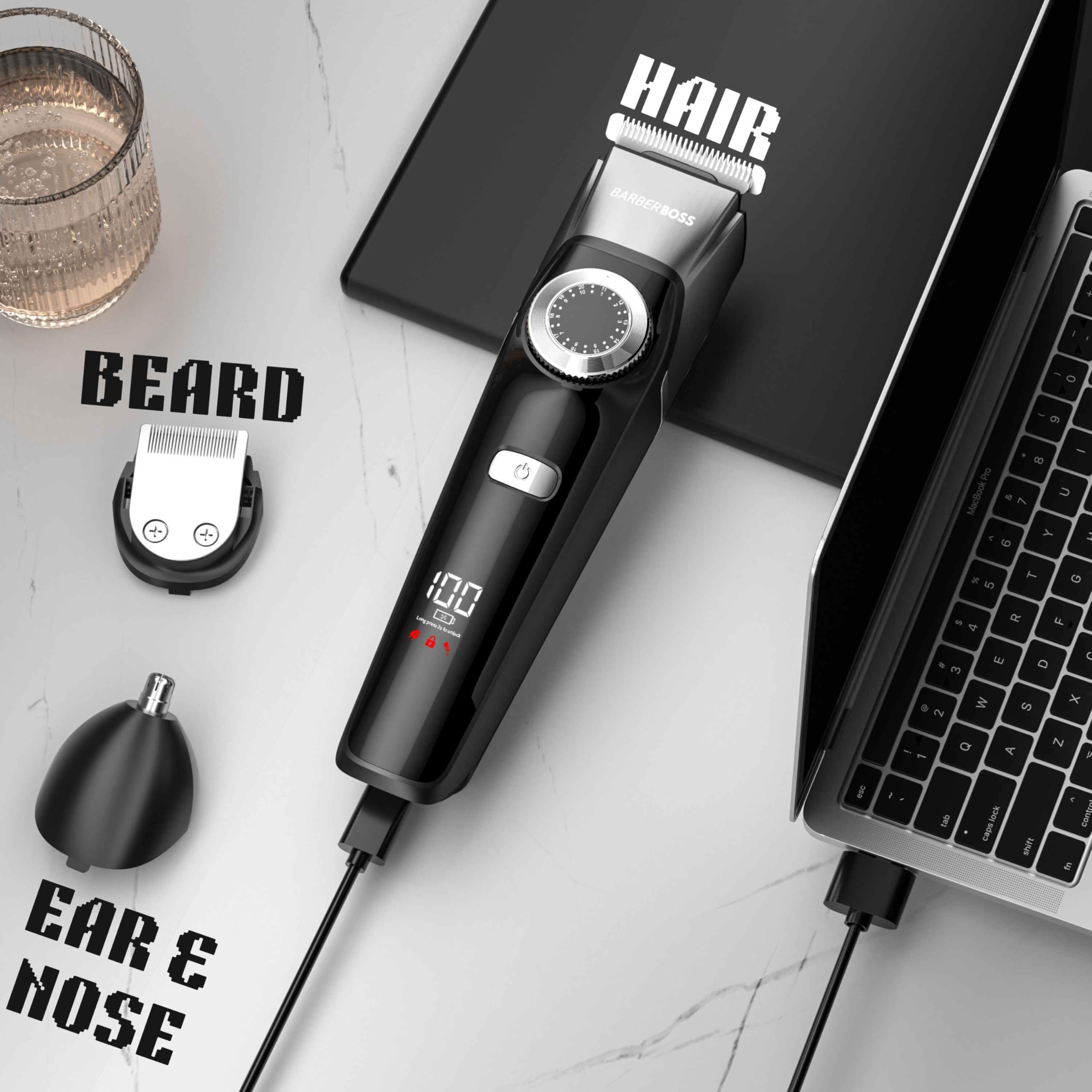 Barberboss Kabelloser Bartschneider für Männer, 3-in-1-Bart, Haar und Nasenschneider, Herren Pflegeset mit Keramikklingen, USB-Ladefunktion und wasserdichtem Design, Herren-Haarschneider