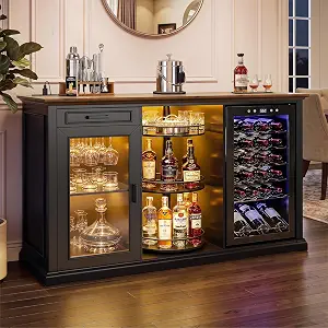 GDLF 60.2-Inch Home Bar Cabinet with Fridge Space, Amber LED, Black/Walnut