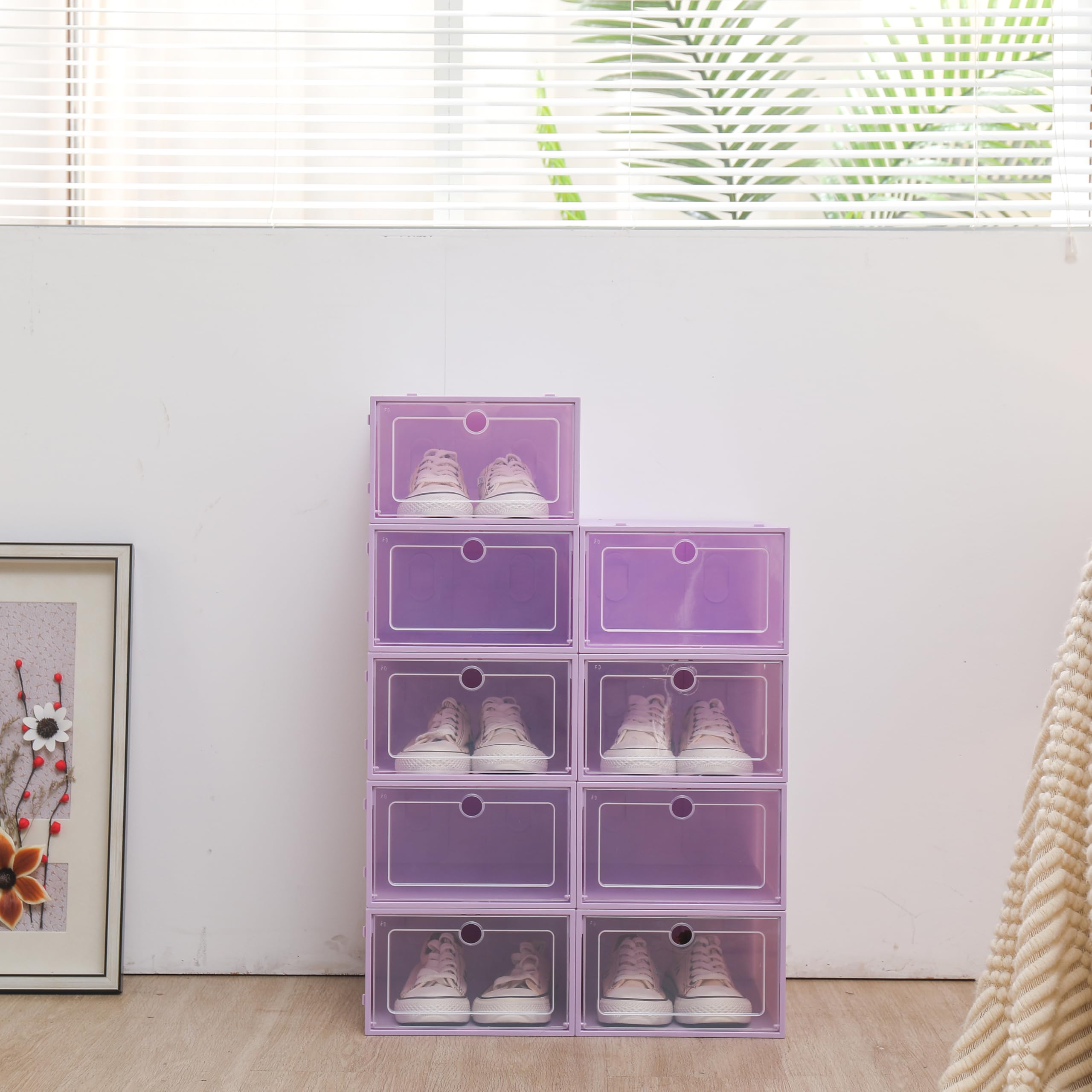 24 scatole per scarpe a forma rotonda, impilabili, trasparenti, con coperchio, per soggiorno, camera da letto, vestiti, libri, CD, cinture, 33 x 23 x 14 cm (viola)