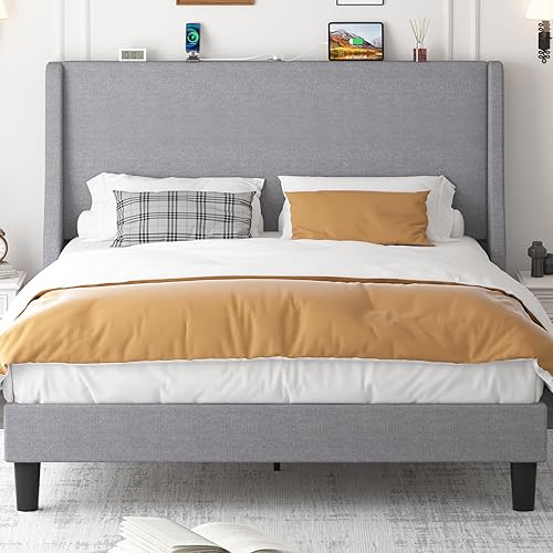 Miniatura 32 de VECELO Base de cama matrimonial con cabecera tapizada con respaldo alado, plataforma resistente con estación de carga y bolsillos laterales, no