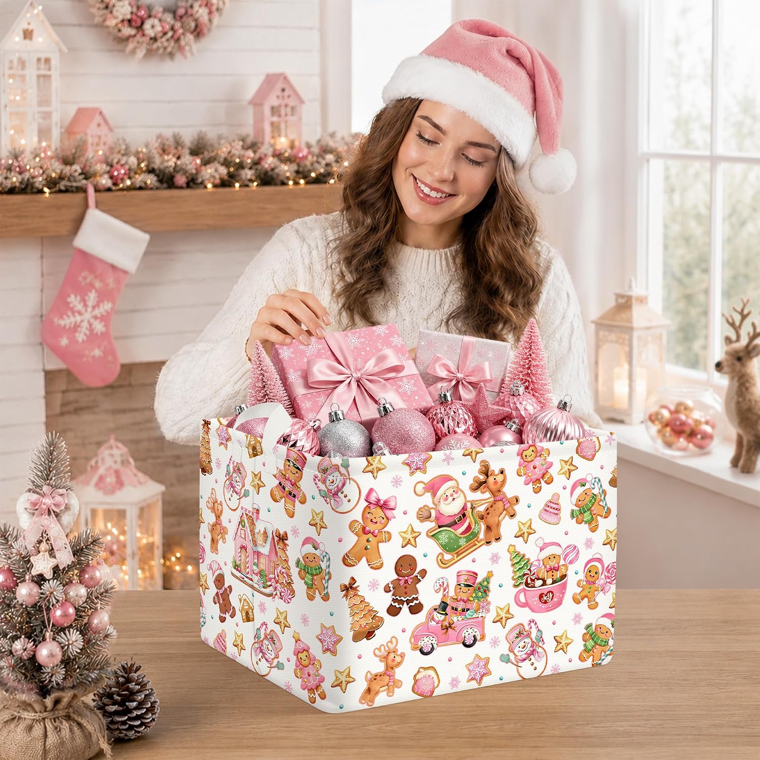 Pink Santa Claus Baby Storage Basket Christmas Clothes Kids Laundry Hamper Large Snowman Poinsettia Reindeer Girls Gift Toy Box Bin, Gingerbread Man, 40 * 30 * 30 cm image 4