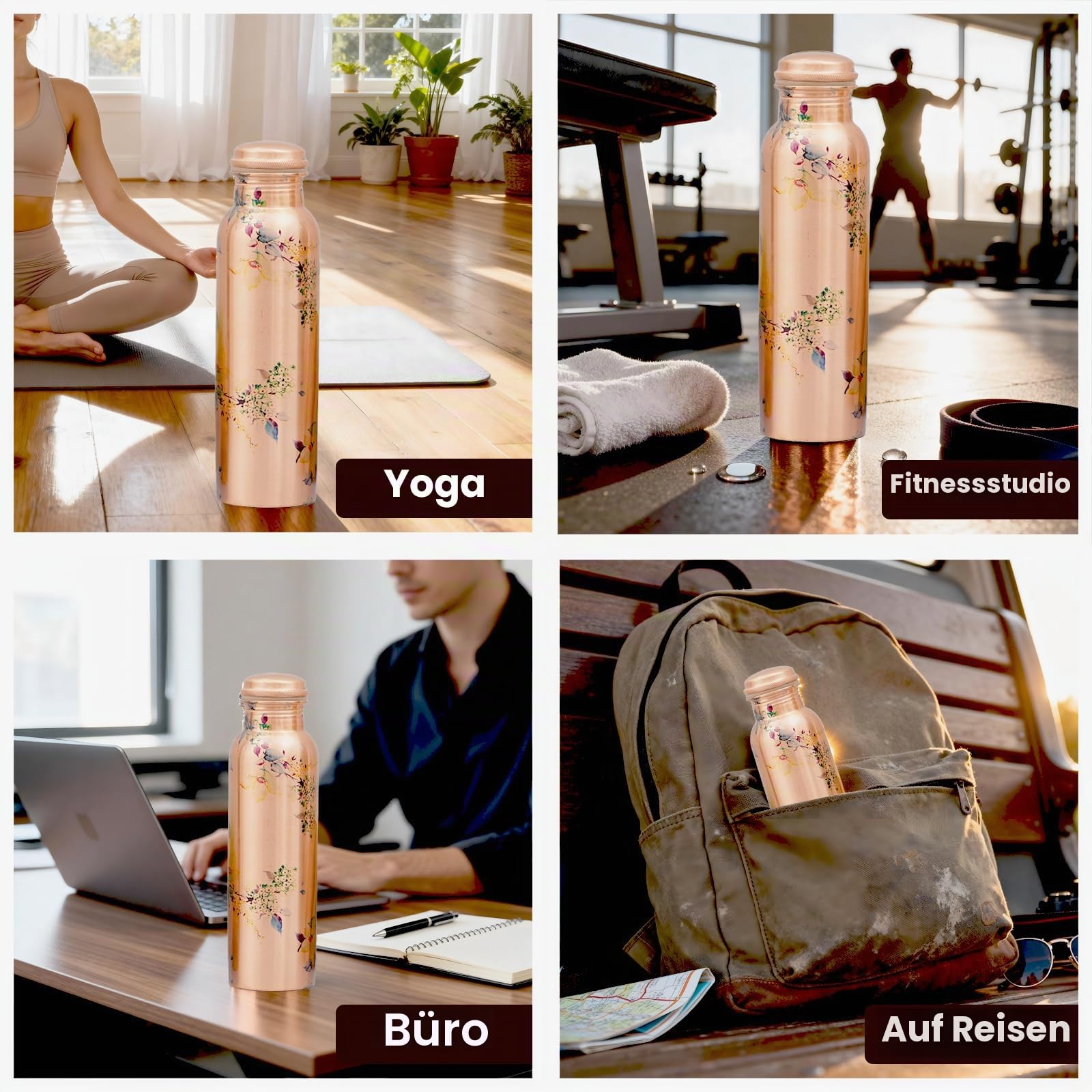 Craft Trade Wasserflasche aus reinem Kupfer, 1000 ml, auslaufsichere ayurvedische Kupferflasche für Büro und Yoga – 2 Stück