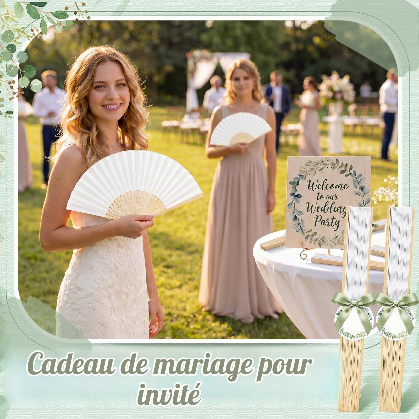 BBTO 50 Pcs Eventail Mariage Poche Pliante Pliant en Bois Papier Ventilateur Mit Étiquettes et Rubans pour Cadeaux Mariage, DIY, Demoiselles, Fête, Danse et Décoration