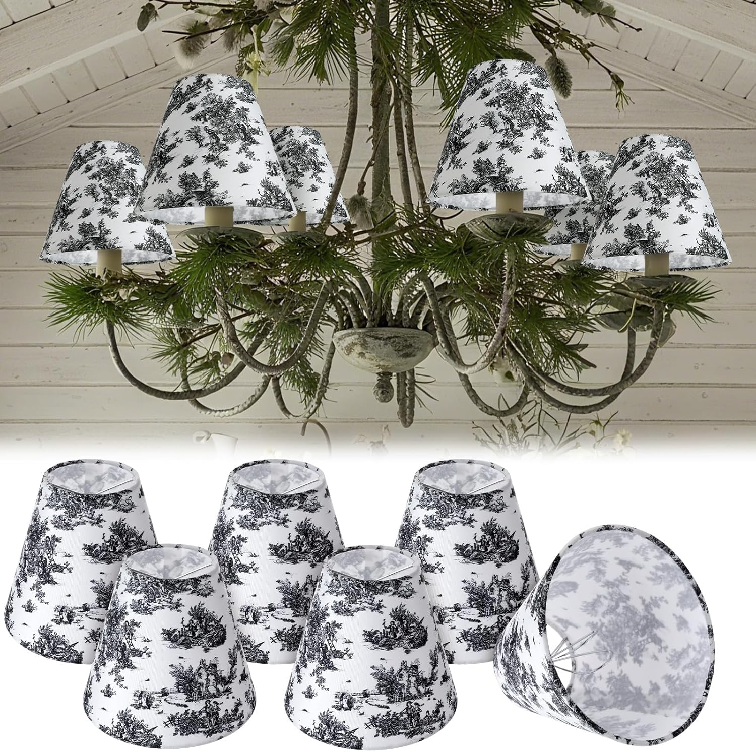 Vihose 6 Pcs Chandelier Lamp Shades Small Lamp Shade 3 Top x 6'' Bottom x 5'' Slant French Countryside Toile Clip on Lampshade for Wall Sconces Pendant Lighting(Crane and Human,Black and White)