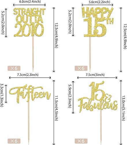 Miniatura 2 de Paquete de 24 adornos para cupcakes con purpurina de 15 años 15 rectos para cupcakes decoraciones para tartas de cumpleaños de 15 años suministros